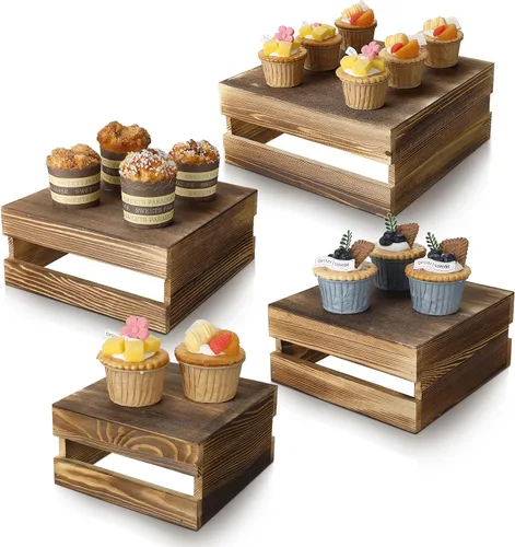 Miniatura 8 de Sieral 4 piezas de madera para cupcakes, soporte decorativo para postres, aperitivos, pasteles, caja de madera rústica, para almacenamiento