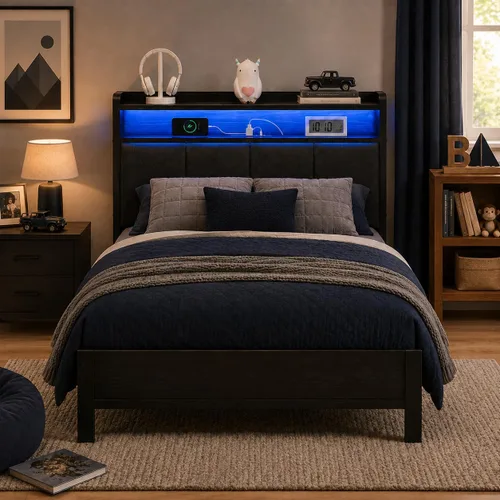 Miniatura 12 de IMMERSTABLE - Base de cama individual con cabecero de almacenamiento, marco de cama de plataforma metálico individual con luces LED y estación