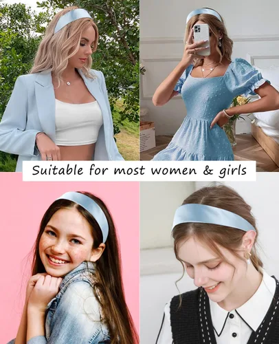 Miniatura 2 de Wecoe Diadema azul bebé de 1.6 pulgadas de ancho, diadema de satén de seda para mujer, antideslizante, a la moda, banda lisa para el cabello