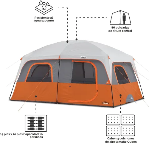 Miniatura 4 de CORE Tienda de campaña para camping familiar 10 personas/11 personas/12 personas grandes para múltiples habitaciones, tiendas de campaña