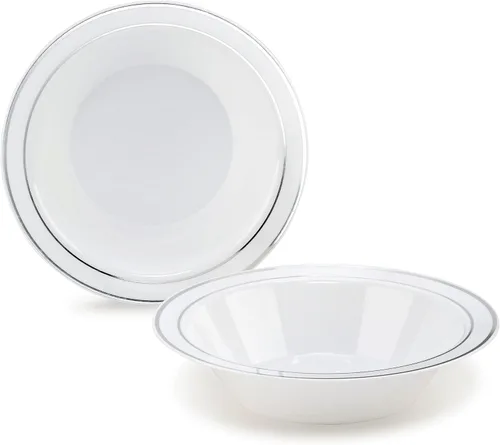 Platos de plástico desechables Occasions para fiestas de boda (120 unidades), plateado, blanco (White / Silver Rim)