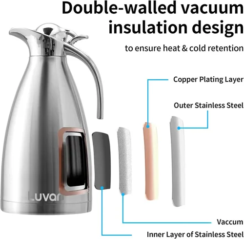 Miniatura 3 de Luvan Sus316 - Jarra térmica de café de 68 onzas, 2 L, jarra de café al vacío de doble pared, cafetera con tapa y agarre de madera maciza