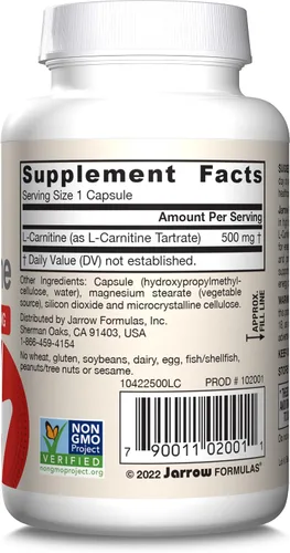 Miniatura 10 de Jarrow Formulas L-Carnitina 500 mg - Cofactor importante para la producción de energía (ATP) a partir de grasas - L-carnitina como tartrato