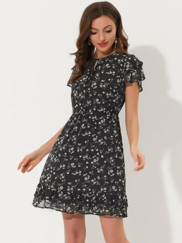 Miniatura 2 de Allegra K Vestido de gasa floral con cuello en V y mangas con volantes para mujer