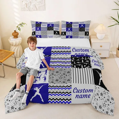 Miniatura 15 de Juego de edredón de softbol personalizado, juego de ropa de cama de retazos a cuadros para niños y niños, edredón de bate de béisbol, juego