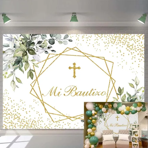Mi Bautizo - Telón de fondo para primera comunión para bautismo, recién nacido, baby shower, fondo dorado con purpurina, vegetación, eucalipto,