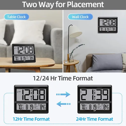 Miniatura 7 de LFF Reloj atómico de pantalla grande, reloj de pared digital con temperatura y fecha para interiores y exteriores, sensor inalámbrico para Negro