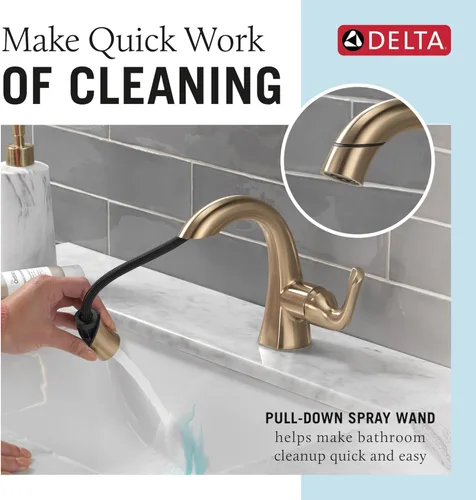 Miniatura 2 de Delta Arvo Grifo de Baño de Oro Cepillado de 1 Agujero con Rociador, Grifo de Lavabo de Baño de Un Solo Agujero con Rociador Extraíble para Tocador