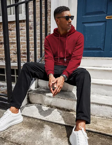 Miniatura 2 de COOFANDY Sudadera con capucha para hombre, de manga larga, a la moda, para gimnasio, atlética, a cuadros, jacquard, con bolsillo
