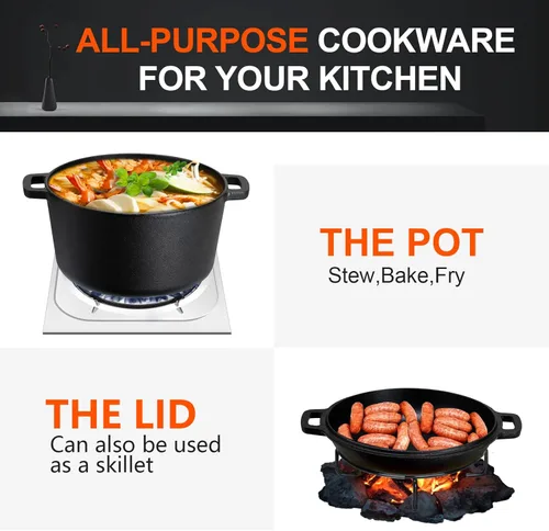 Miniatura 6 de Overmont Olla holandesa 2 en 1 de hierro fundido pre-curada con tapa de sartén para inducción, eléctrico, parrilla, cocina, barbacoa, campamento