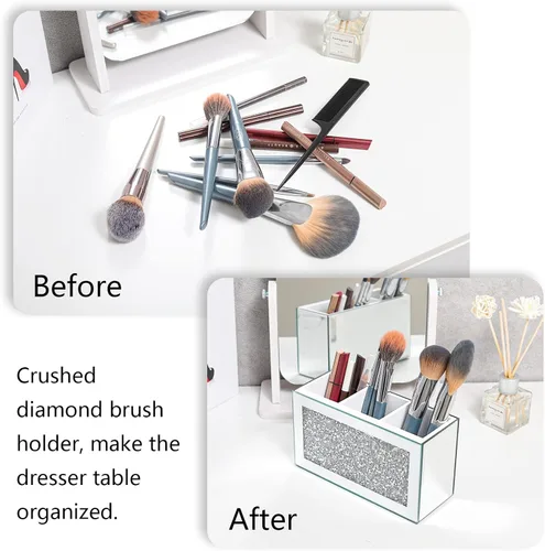Miniatura 4 de Organizador de brochas de maquillaje plateado, brillante con 3 ranuras de cristal de diamante triturado con espejo de cepillos cosméticos