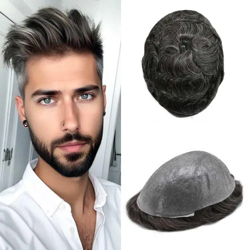 Miniatura 39 de 0.002 in ultra fina piel tupé Remy cabello humano piezas para hombres V-Looped sistema de pelo para hombre tupé pelo tupé para hombres protesis