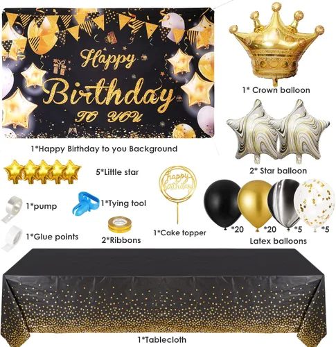 Miniatura 2 de Decoraciones de cumpleaños doradas y negras – Cartel feliz, guirnalda de arco de globos para hombres, mujeres, niñas, dulces 16, 21, 30, 40, 50