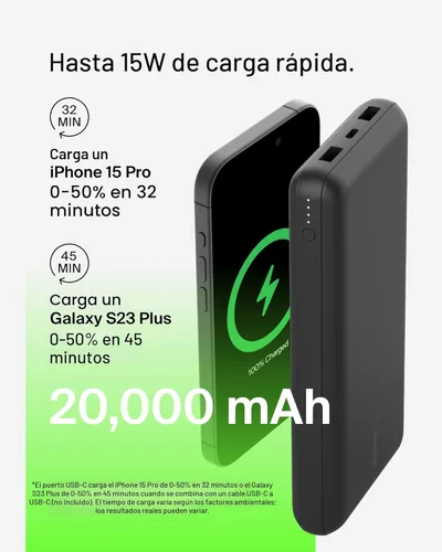 Miniatura 7 de Belkin Cargador Portátil, Batería Externa USB-C 20000 mAh con 2 Puertos USB-A, 15W con Cable Tipo-A a Tipo-C - iPhone 17, Air, Pro, Pro Max, Negro