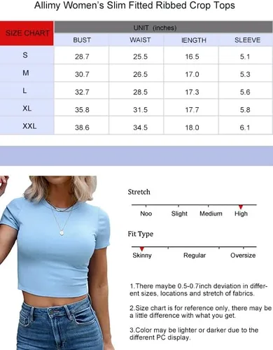 Miniatura 3 de Allimy Camiseta de verano de manga corta ajustada para mujer, cuello redondo, acanalada