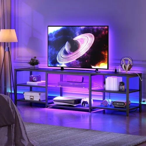 Miniatura 11 de HOOBRO Soporte de TV LED para televisores de 65 pulgadas con estación de carga, centro de entretenimiento para juegos con almacenamiento abierto