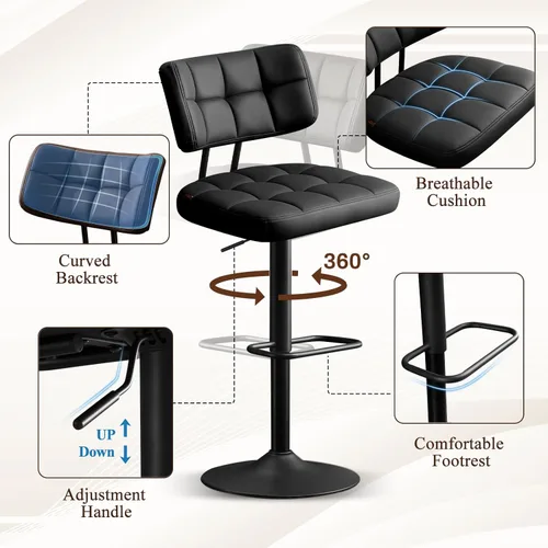Miniatura 4 de Furniliving - Juego de 2 taburetes de bar modernos de piel sintética, taburetes de bar tapizados giratorios con respaldo, sillas de bar ajustables