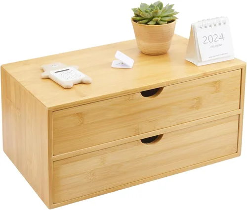 Organizador de escritorio de bambú con cajones, cajones de mostrador, 2 cajones, caja de almacenamiento de esquina para escritorio, organizador de