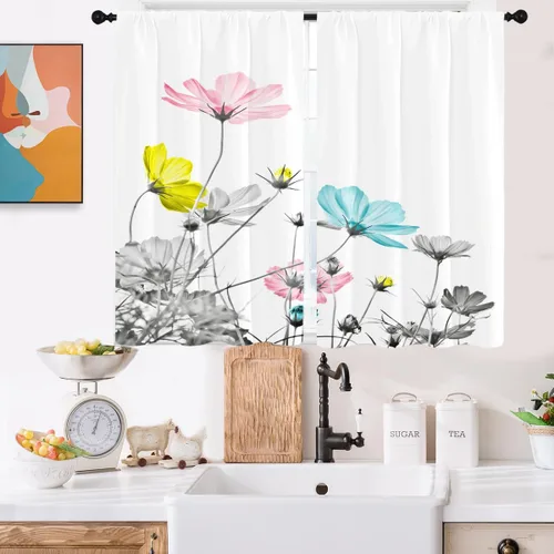 Cortinas coloridas para cocina, 27.5 pulgadas de ancho x 39 pulgadas de largo, estampado floral, bohemio, flores grises, margaritas, flores