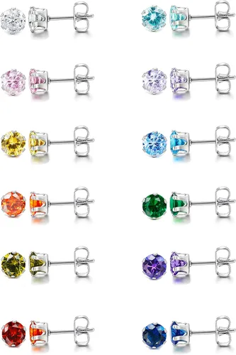 LOYALLOOK 12 pares de aretes de acero inoxidable con circonita cúbica redonda de corte brillante para mujer, Piedra Diamante Circonita cúbica Piedra