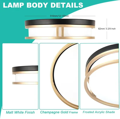 Miniatura 5 de Lámpara de techo LED de 12.5 pulgadas, 26 W, súper brillante, 1700 lúmenes, 3 colores, 3000 K/4000 K/5000K, lámpara de techo regulable para Negro Oro