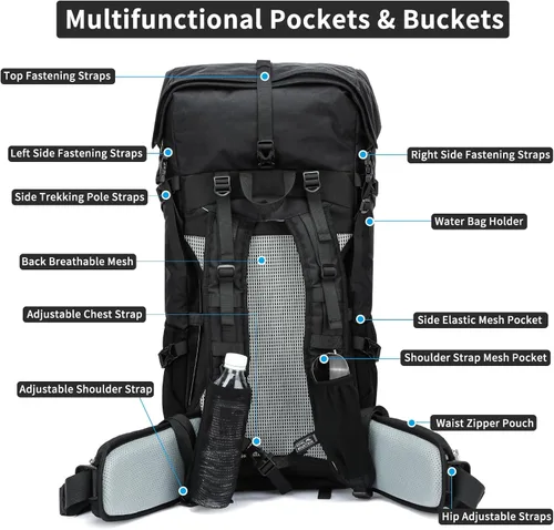 Miniatura 5 de Mochila de senderismo, 40L a 50L, bolsa de senderismo de capacidad extra grande, mochila de campamento con marco interno, mochila deportiva ligera