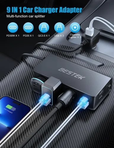 Miniatura 2 de BESTEK Divisor de encendedor de cigarrillos 9 en 1, 148 W, 3 enchufes, PD30W y 4 USB-A QC3.0 18W con pantalla LED, adaptador de encendedor de Negro-1