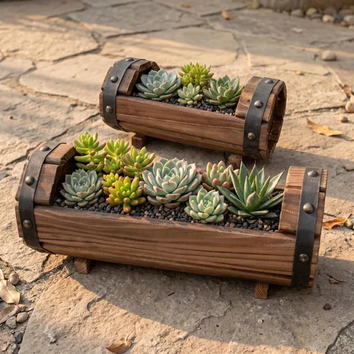 Miniatura 3 de DOITOOL Macetas de medio barril para exteriores, paquete de 2 macetas rústicas de madera maciza para plantas, juego de macetas de barril de vino