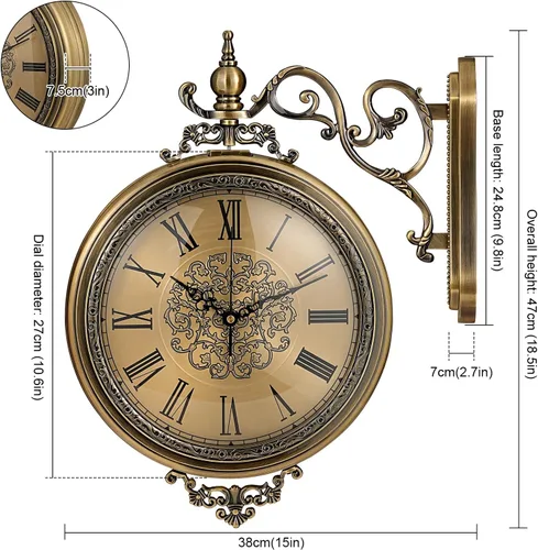 Miniatura 2 de Reloj de pared grande vintage de doble cara con cristal y metal, números romanos y árabes, silencioso sin tictac, funciona con pilas, reloj antiguo