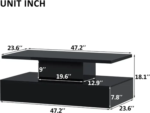 Miniatura 2 de Quarte Mesa de centro de estilo moderno de 2 niveles con iluminación LED de 16 colores, mesa de cóctel con control remoto y gran lugar