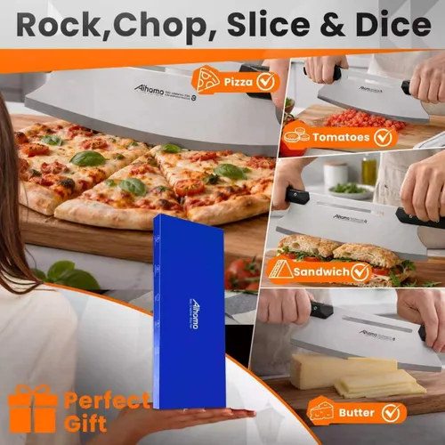 Miniatura 8 de Cuchilla de corte de pizza de 13 pulgadas, cuchillo de pizza japonés ultra afilado 420J1, cortador de pizza resistente con mango doble G10