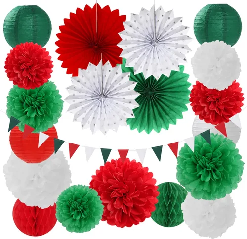 Decoraciones de Fiesta de Navidad Rojo Verde-Blanco - 20 piezas Farolillos de Papel Mexicanos Italianos Abanicos, Pompones de Papel de Seda, Bolas