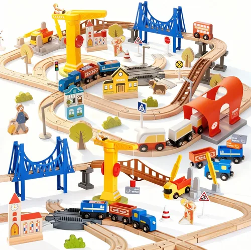 Juego de tren de madera de 94 piezas, pista de tren de aventura moderna para niños con puente, túnel, grúa, edificios de la ciudad, compatible con