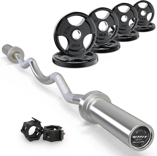 Miniatura 16 de RitFit Barra de rizo EZ de 2 pulgadas con pesas, barra olímpica de capacidad de 350 libras para bíceps y tríceps, entrenamiento de fuerza