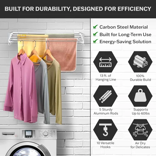 Miniatura 3 de Estante de secado de ropa montado en la pared, retráctil y plegable, 80 cm de ancho, 4 metros lineales, 5 varillas de aluminio resistentes, Blanco