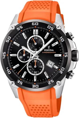 Festina 'The Originals Collection' F203304 - Reloj de cuarzo para hombre con esfera negra y correa de goma naranja, Naranja, Reloj de pulsera