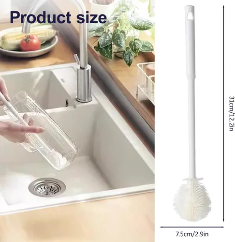 Miniatura 3 de Cepillo de silicona para botellas, cepillo de agua flexible de cerdas suaves de 360° con mango largo, cepillo de limpieza de tapa de taza
