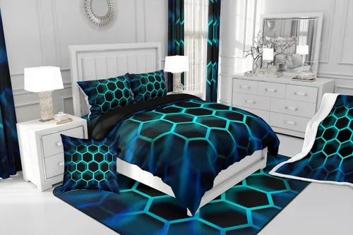 Miniatura 7 de Juego de ropa de cama individual de panal para niños y niños, color negro, verde azulado, azul, hexagonal, geométrico, patrón de colmena, edredón