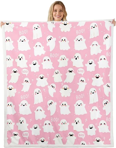 Manfei Manta de fantasmas de Halloween con temática de Halloween para sofá, manta de cama rosa de Halloween para niños, niñas y adultos, decoración