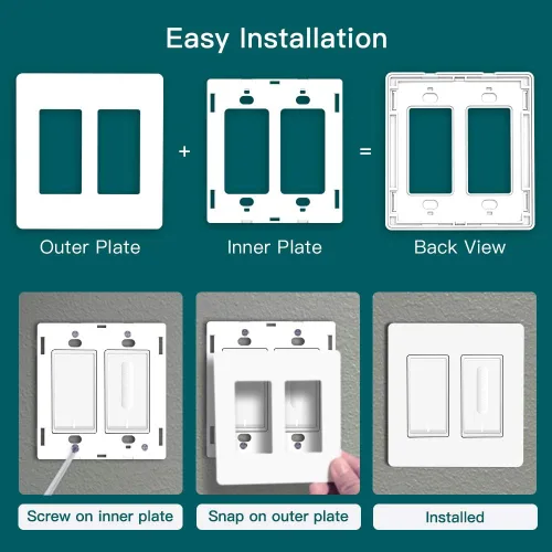 Miniatura 5 de TREATLIFE Placas de pared decorativas sin tornillos, placa de interruptor de luz de 2 segmentos de tamaño estándar, cubiertas de tomacorrientes