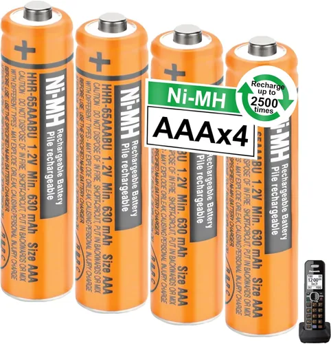 OSIM Paquete de 4 pilas recargables HHR-65AAABU NI-MH AAA de 1.2 V 630 mAh AAA NiMH para teléfonos inalámbricos Panasonic, controles remotos,