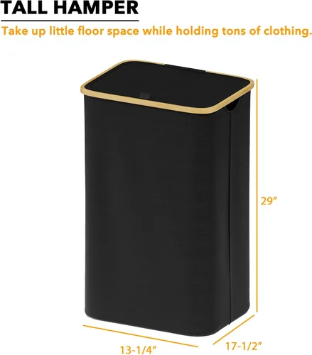 Miniatura 5 de SpaceAid Cesta de lavandería con tapa, 110L de gran capacidad, cesta alta para ropa con asas de bambú, cesta plegable para dormitorio, baño, Negro