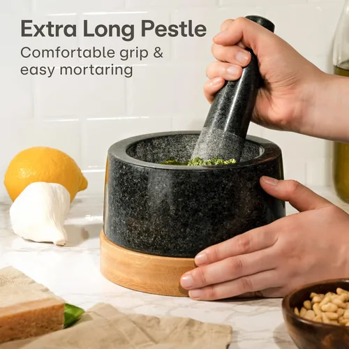 Miniatura 5 de Praknu Juego de mortero y mortero grande de 2 tazas, molinillo de piedra resistente para especias y hierbas, molcajete de granito duradero, cuenco