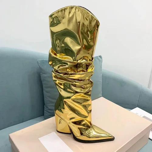 Miniatura 25 de Vertundy Botas altas hasta la rodilla metálicas con punta puntiaguda para mujer, botas altas de tacón alto de charol plisadas, botas largas plisadas