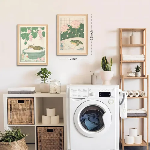Miniatura 2 de Juego de 2 lienzos japoneses enmarcados para pared de baño con gatos y ranas, marco de madera, impresiones abstractas de naturaleza para decoración