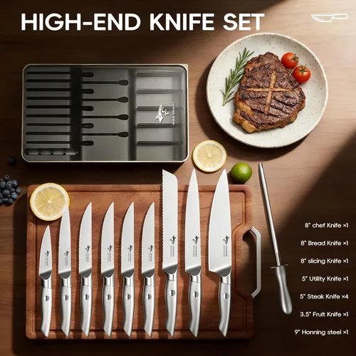 Miniatura 2 de MAD SHARK Juego de cuchillos de cocina de 11 piezas con bloque, cuchillos de acero inoxidable de alto carbono con varilla afiladora, mango