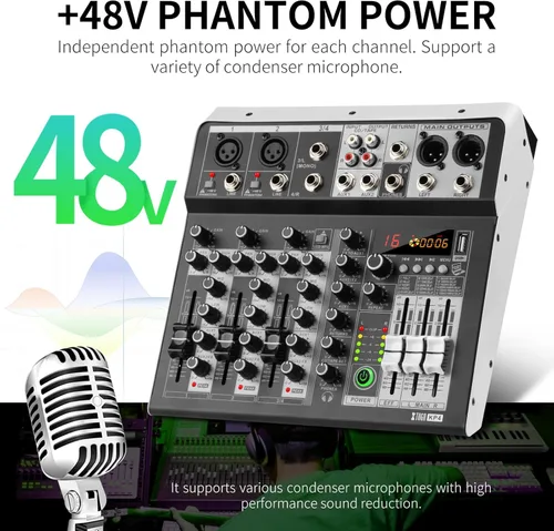 Miniatura 6 de XTUGA KP4 - Mezclador de audio de 4 canales, efecto DSP de 16 bits, efectos de interfaz de audio USB + 48 V Phantom Bluetooth para grabación