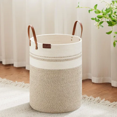 Miniatura 37 de VIPOSCO Cesta alta para ropa sucia, cesta grande para ropa sucia con mango de cuero, cesta de almacenamiento de cuerda tejida para manta, juguete