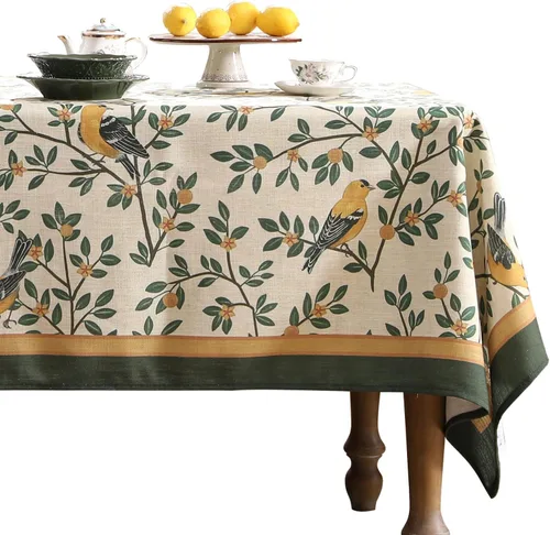 patdrea - Mantel cuadrado de diseño vintage francés con flores, lino con patrón de pájaros amarillos y hojas verdes, para decoración de cocina,