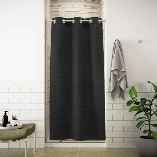 Cortina de baño River Dream de 36" de ancho con diseño de ondas de gofre, sin ganchos, con forro a presión, cortina de baño de tela de mezcla de